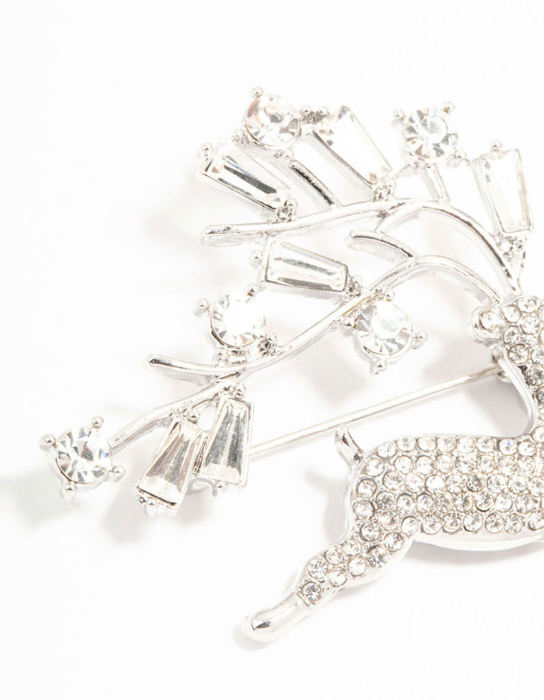 Silver Diamante Reindeer Brooch