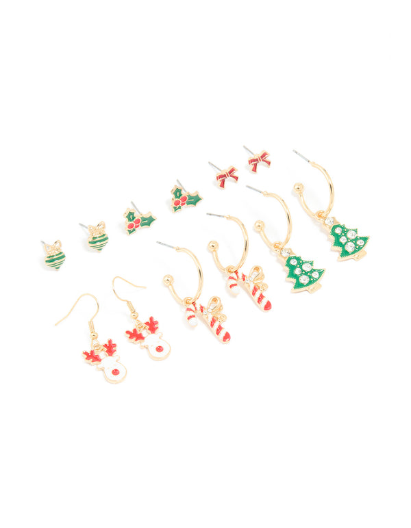 Gold Holly & Festive Earrings 6-Pack