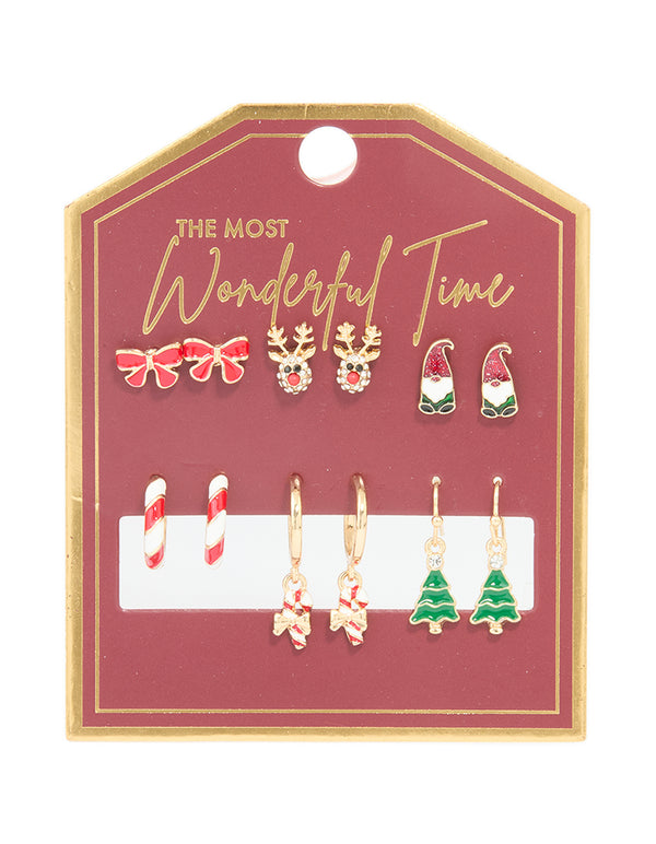 Gold Reindeer & Candy Cane Earrings 6-Pack