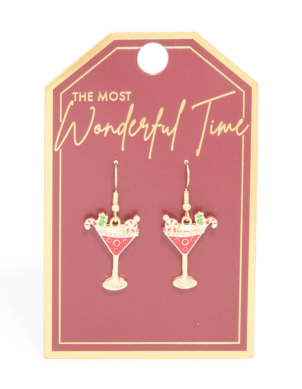 Gold Diamante Candy Cane Cocktail Drink Drop Earrings