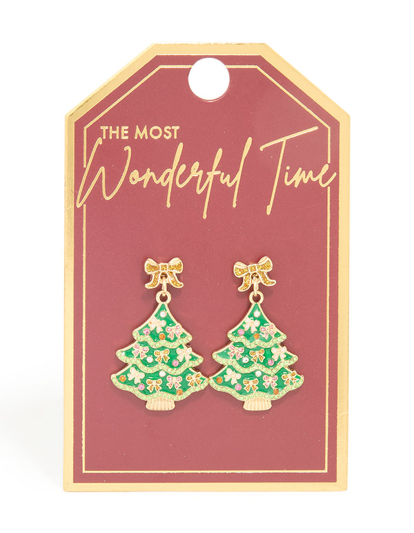 Gold Bow Festive Tree Drop Earrings
