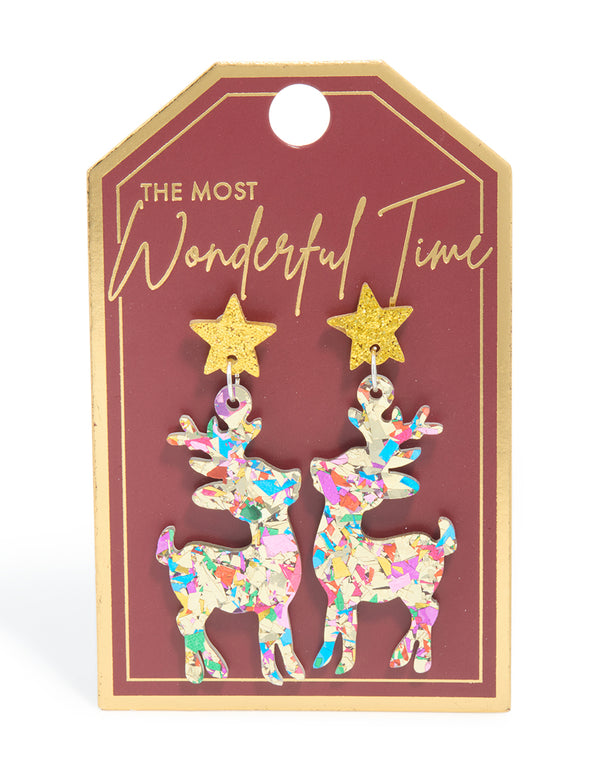 Acrylic Glitter Star Reindeer Drop Earrings