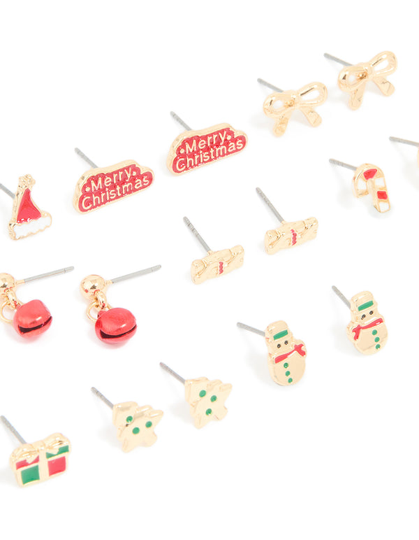 Gold Stamped Bow & Reindeer Earrings 12-Pack