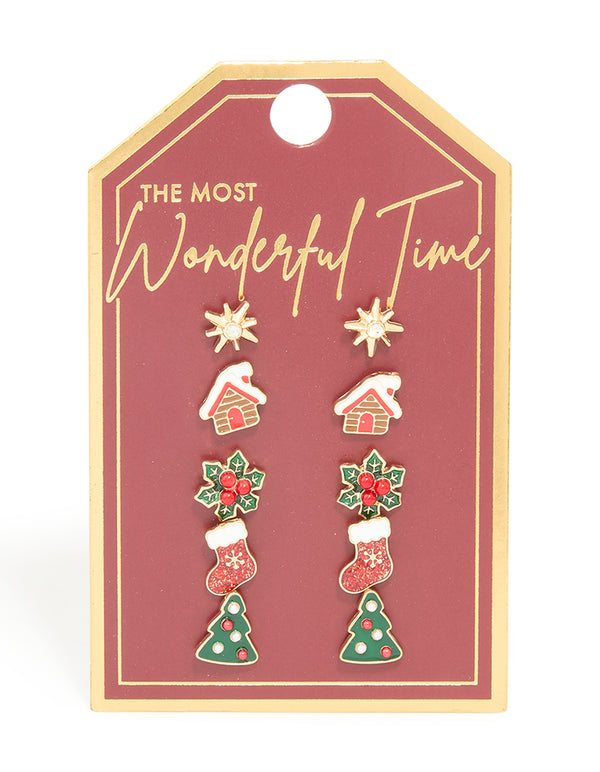 Gold Red Glittery Stocking & Gingerbread House Earrings 5-Pack