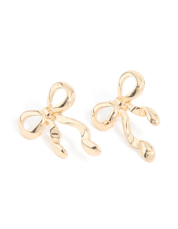 Gold Long Ribbon Bow Stud Earrings