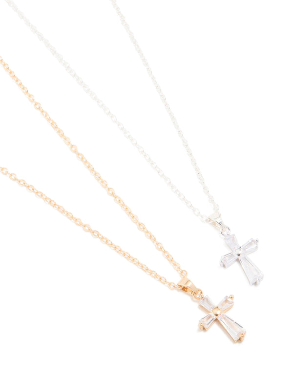 Mixed Metals Diamante Cross Necklaces 2-Pack