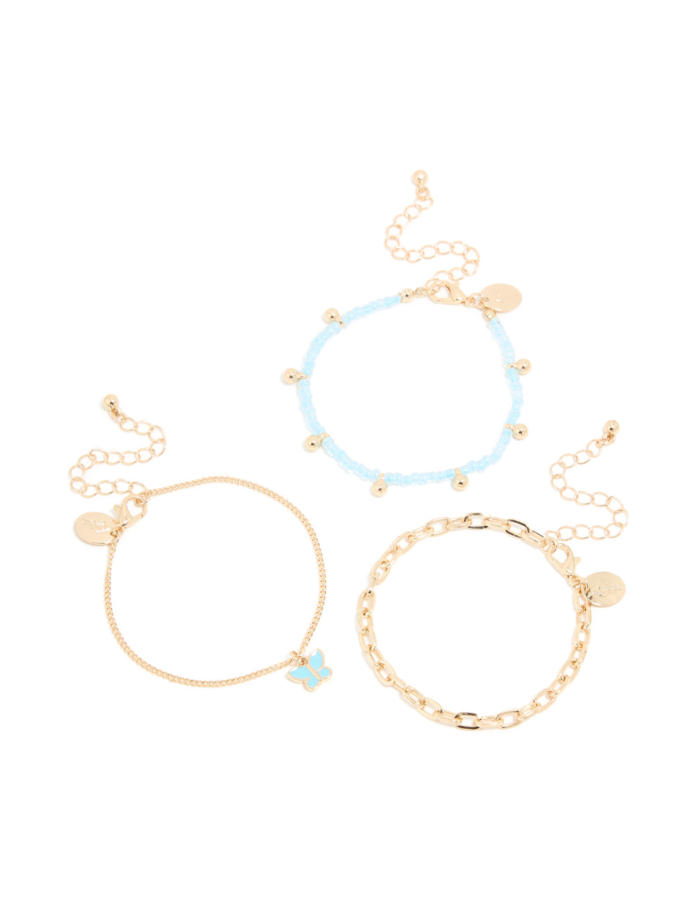 Gold Blue Beaded & Butterfly Charm Bracelets 3-Pack