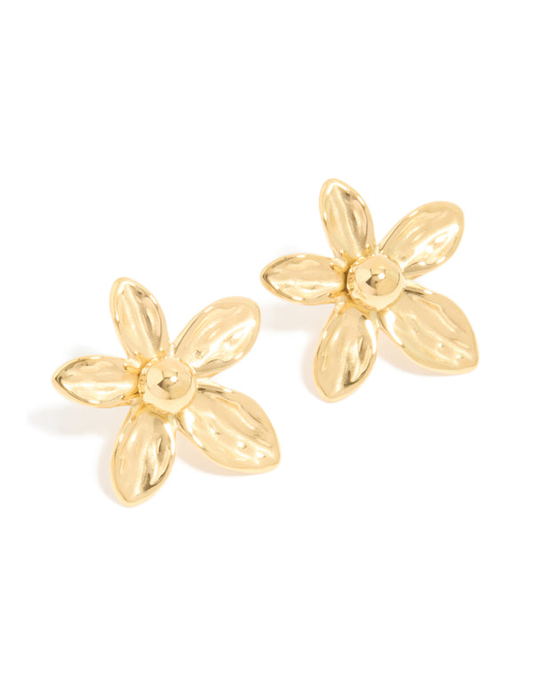 Waterproof Gold Plated Stainless Steel 5-Petal Flower Stud Earrings