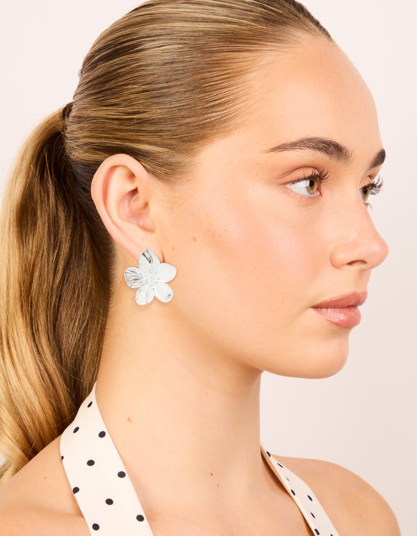Waterproof Stainless Steel Textured Flower Stud Earrings