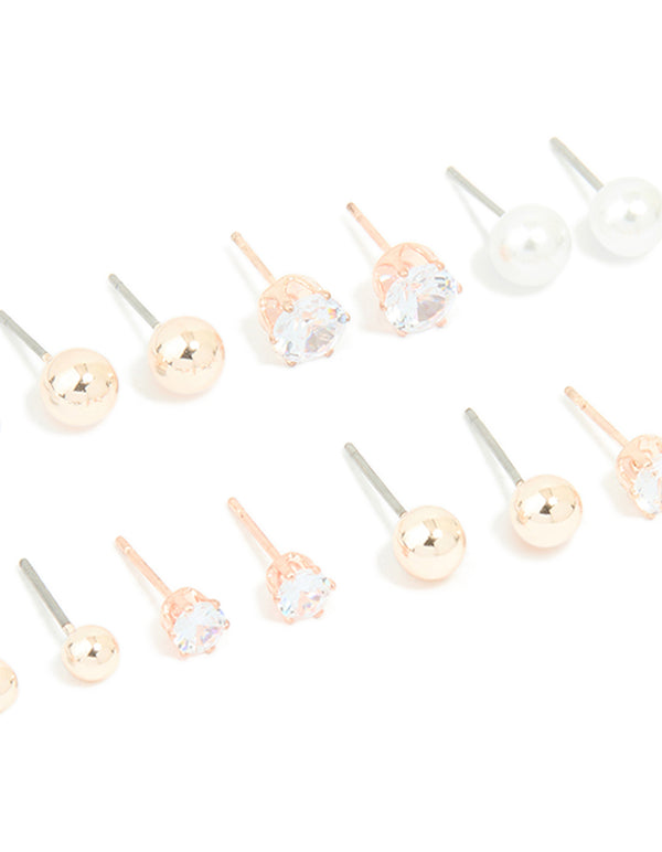 Rose Gold & Pearl Mixed Basic Stud Earrings 8-Pack