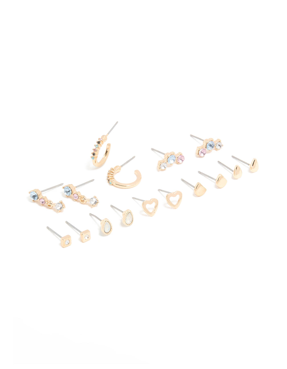 Gold Blue Clear & Pink Diamante Mixed Shape Stud Earrings 8-Pack
