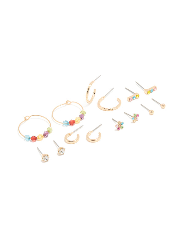 Gold Multicoloured Diamante Stud & Hoop Earrings 7-Pack