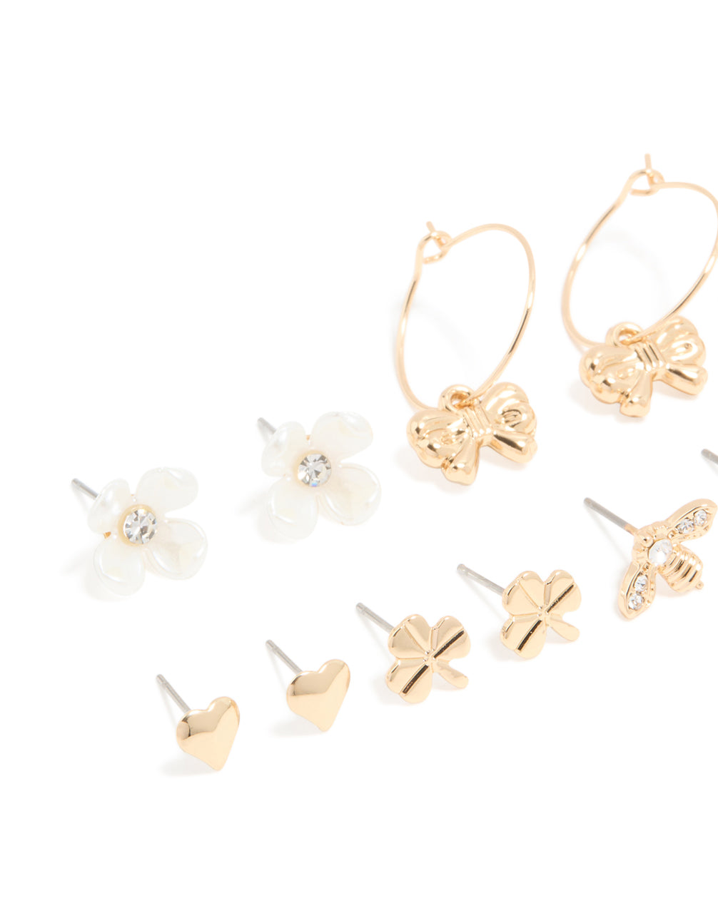 Gold White Pearlised Flower & Bee Earrings 8-Pack