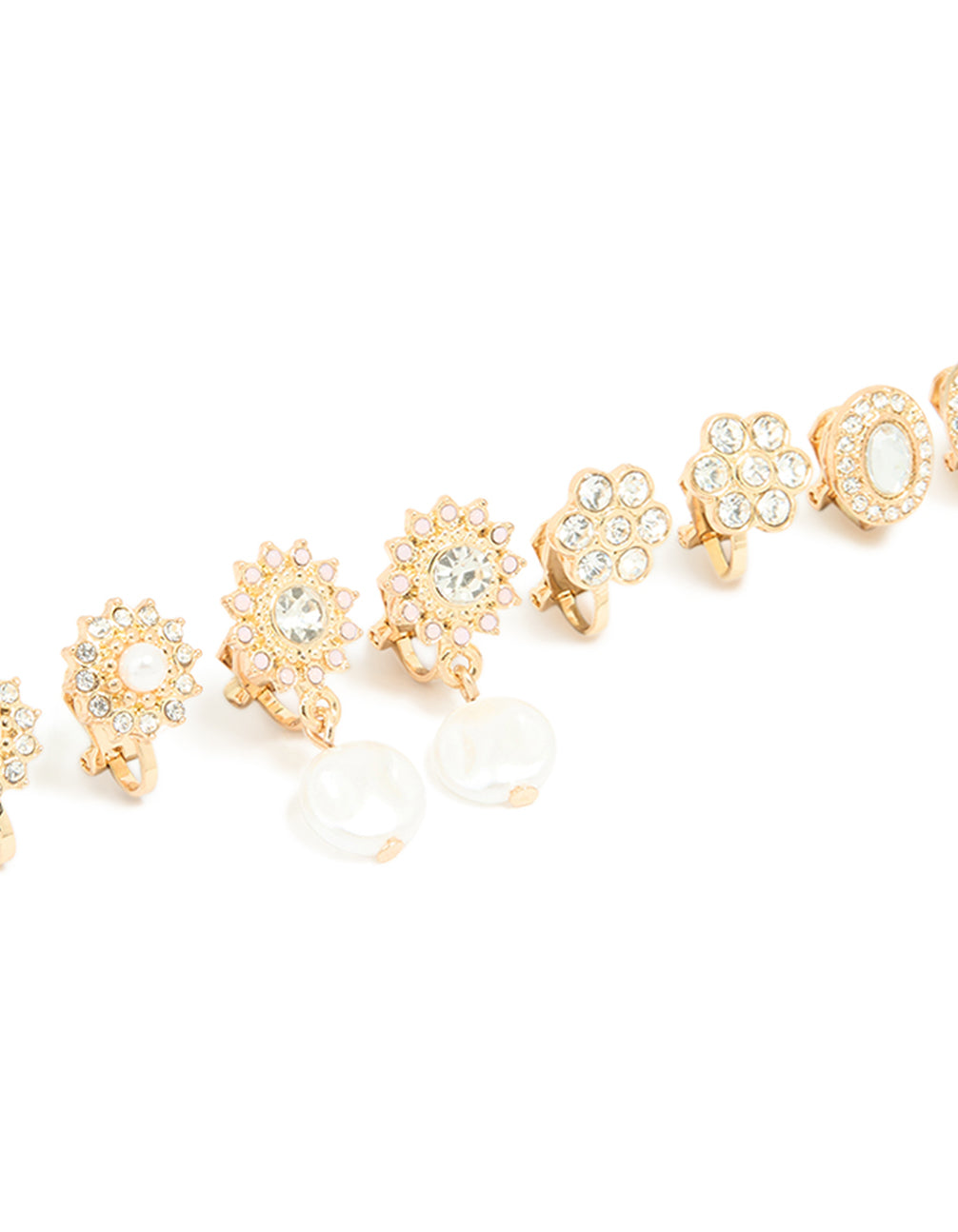 Gold Diamante Pearl Floral Clip On Earrings 4-Pack