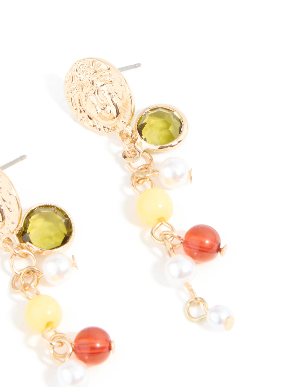 Gold Multicoloured Beaded & Molten Disc Drop Earrings