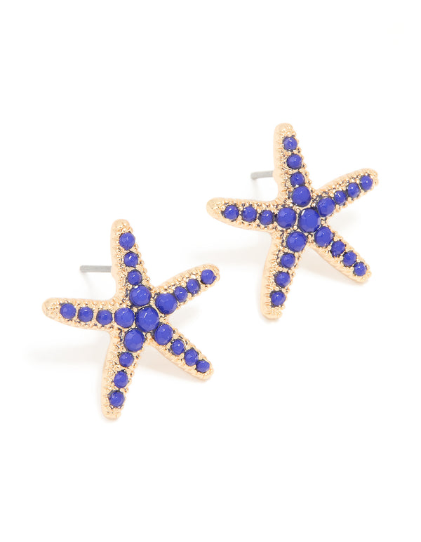 Gold Blue Diamante Starfish Stud Earrings