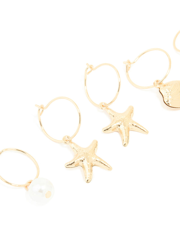 Gold Pearl Shell & Starfish Huggie Earrings 3-Pack