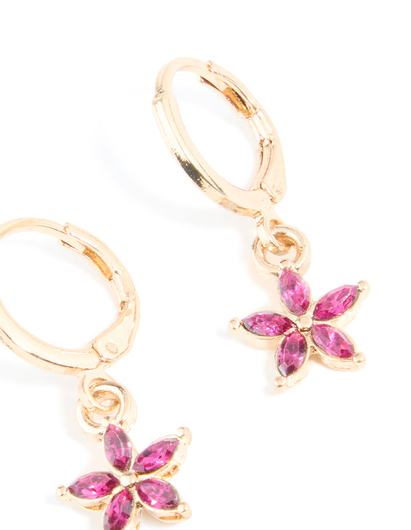 Gold Red Diamante Flower Huggie Earrings