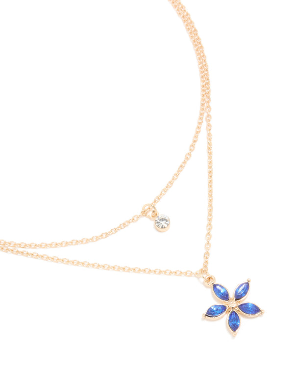 Gold Clear & Blue Diamante Flower Layered Necklace