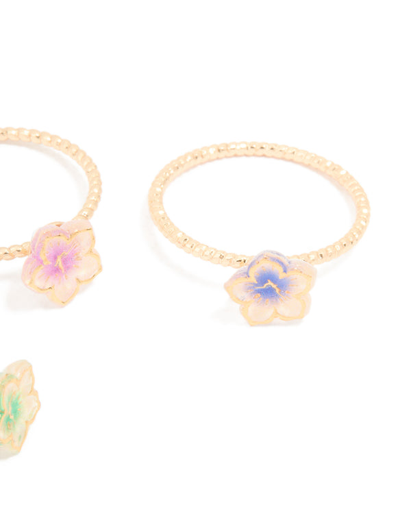 Gold 3D Pastel Flower Fine Rings 3-Pack