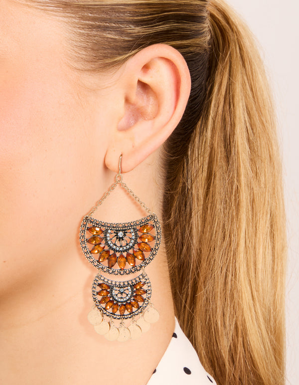 Antique Gold Orange Diamante Statement Coin Drop Earrings