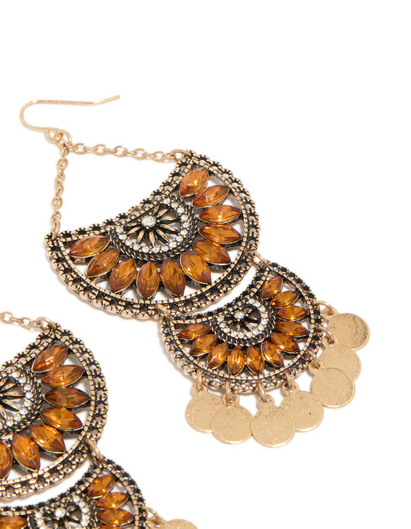 Showcasing antique gold orange diamante statement charm drop earrings featuring floral accents post detail view
