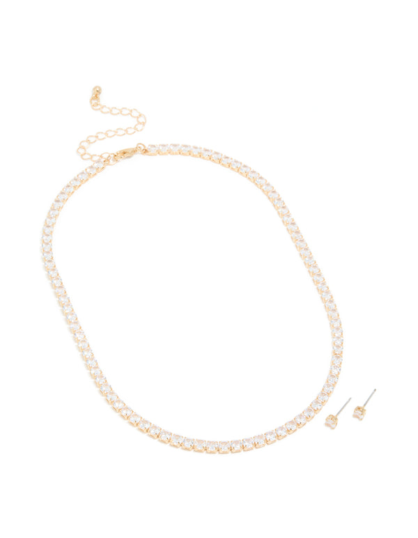 Gold Cubic Zirconia Tennis Necklace & Classic Stud Earrings Set