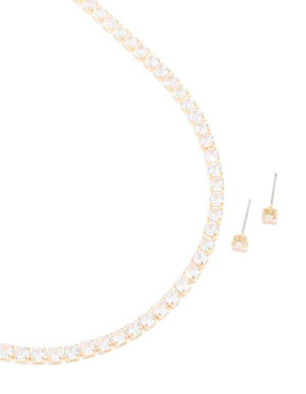 Gold Cubic Zirconia Tennis Necklace & Classic Stud Earrings Set