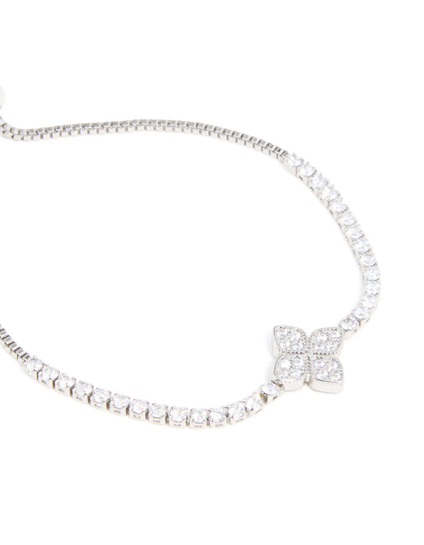 Silver Cubic Zirconia 4-Petal Flower Toggle Bracelet