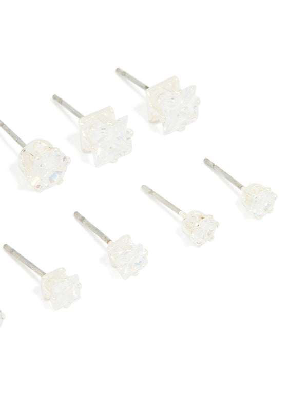 Silver Multi-Shape Cubic Zirconia Stud Earrings 6-Pack