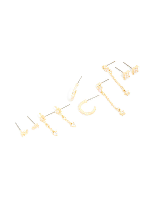 Gold Plated Dainty Celestial Mix Earrings 5-Pack