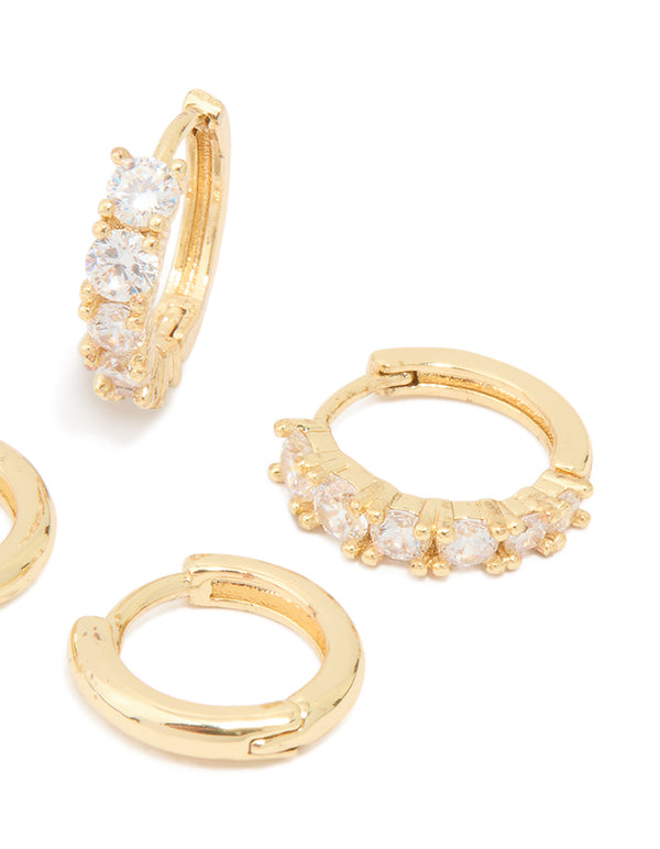 Gold Plated Brass Cubic Zirconia Baguette & Smooth Mini Huggie Earrings Pack
