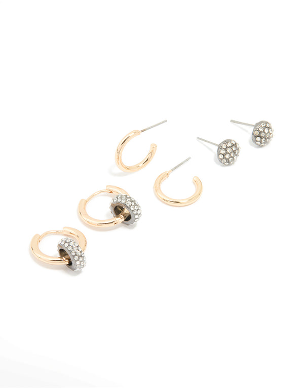Mixed Metal Diamante Hoop & Stud Earrings 3-Pack