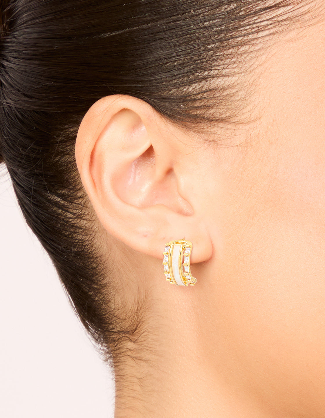 Gold Plated Cubic Zirconia Baguette Inlay Hoop Earrings