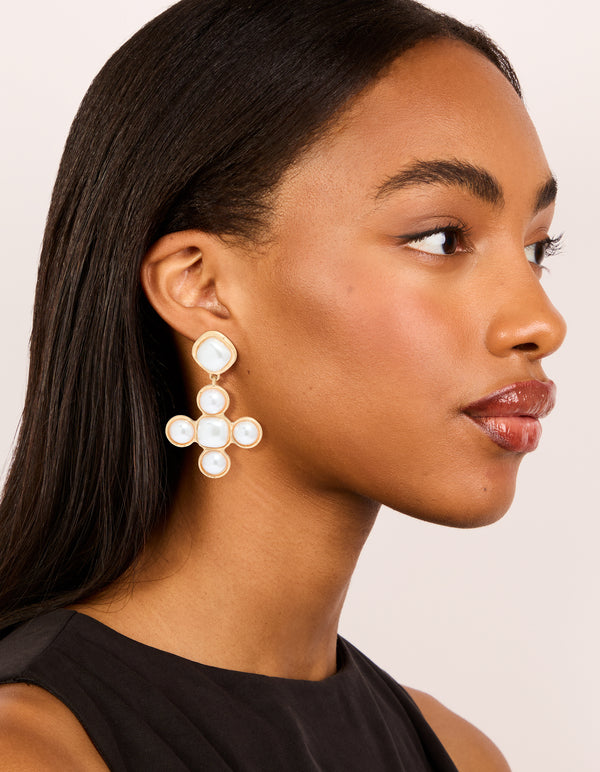 Worn Gold Pearl Cross Drop Earrings