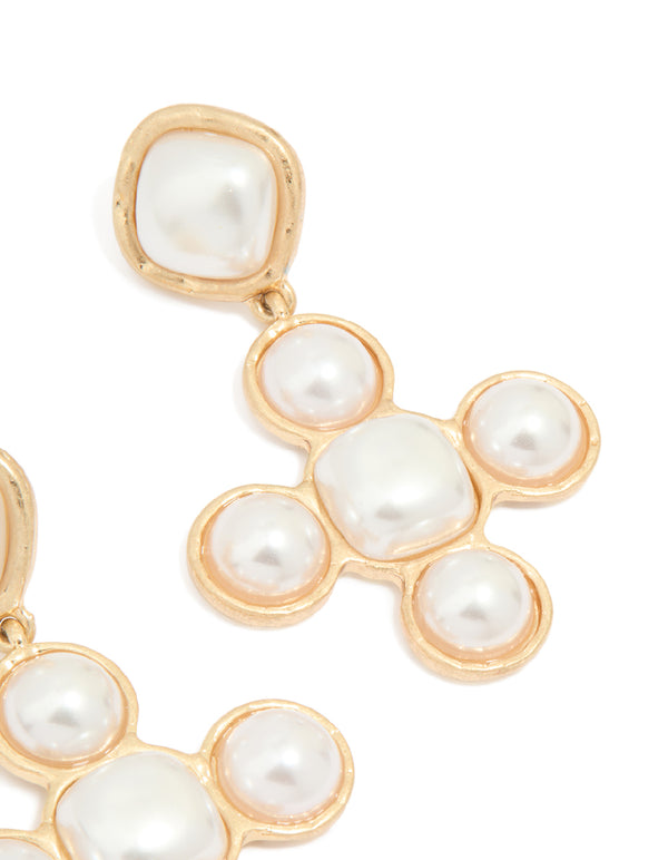 Worn Gold Pearl Cross Drop Earrings