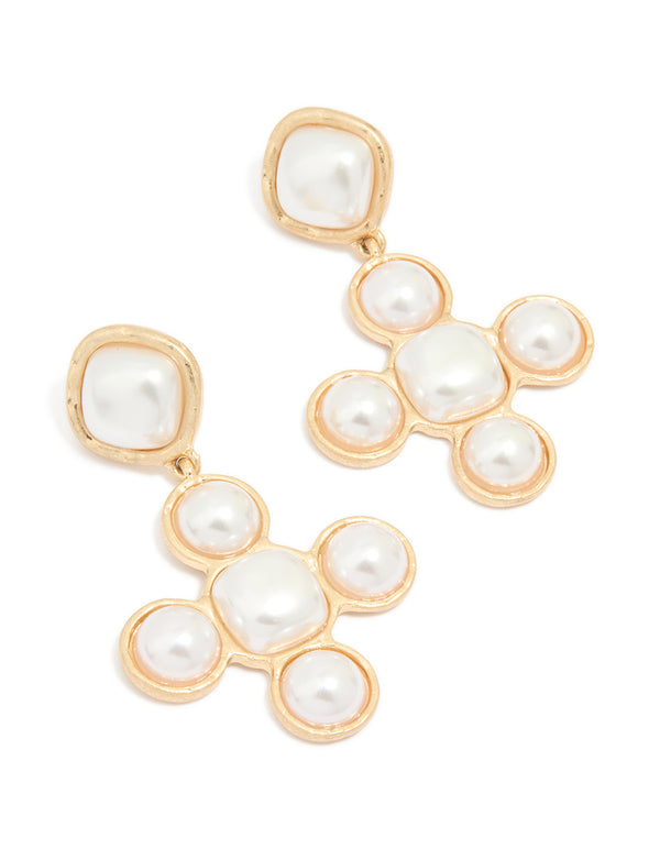 Worn Gold Pearl Cross Drop Earrings