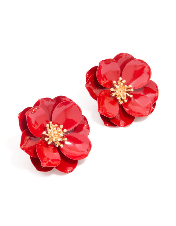 Red Coated Metal Small Flower Stud Earrings