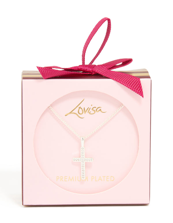 Silver Plated Cubic Zirconia Cross Pendant Necklace