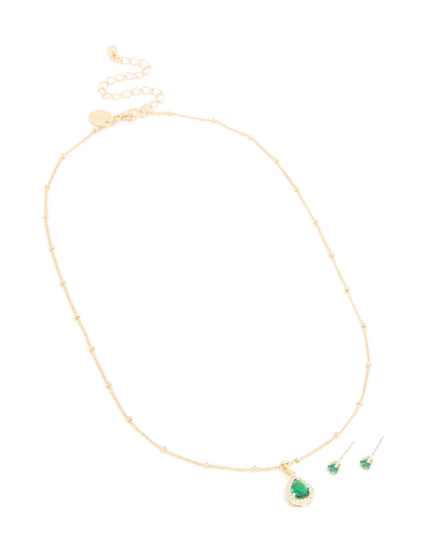 Gold Emerald Cubic Zirconia Necklace & Earrings Set