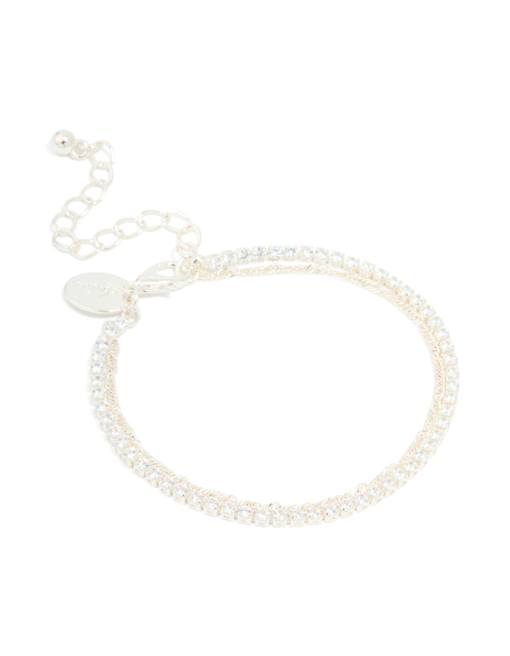 Silver Plated Cubic Zirconia Tennis & Plain Chain Layered Bracelet