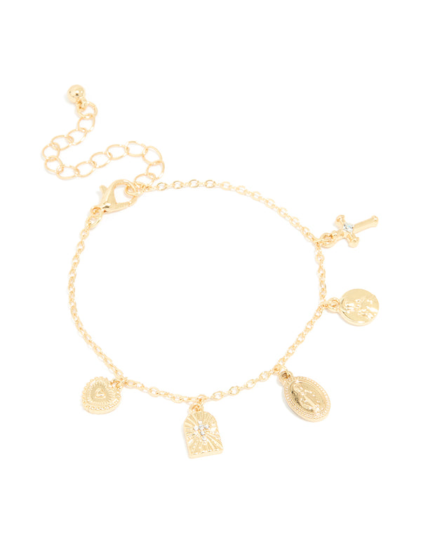 Gold Plated Oval Mary Cross Charm Bracelet