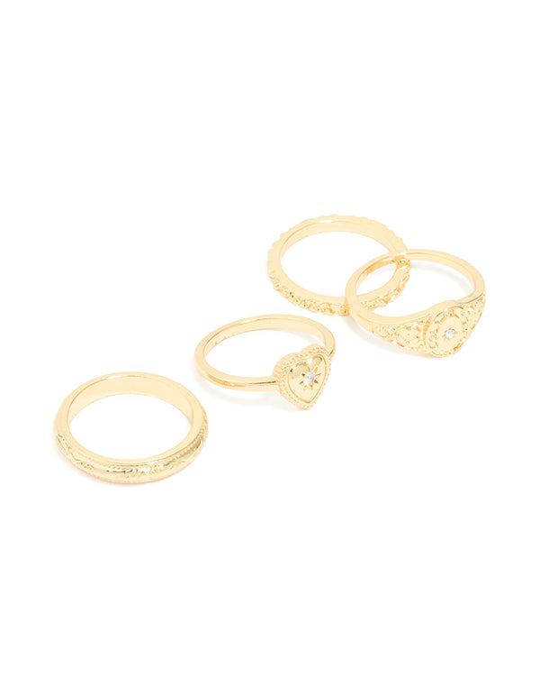 Gold Plated Diamante Heart Signet & Stamped Rings 4-Pack