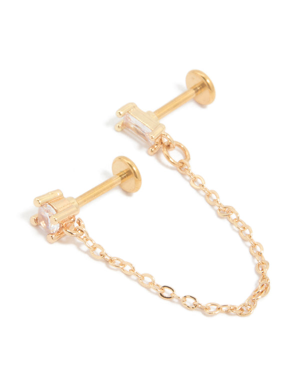 Gold Plated Surgical Steel Chain Cubic Zirconia Stacking Flat Back Stud