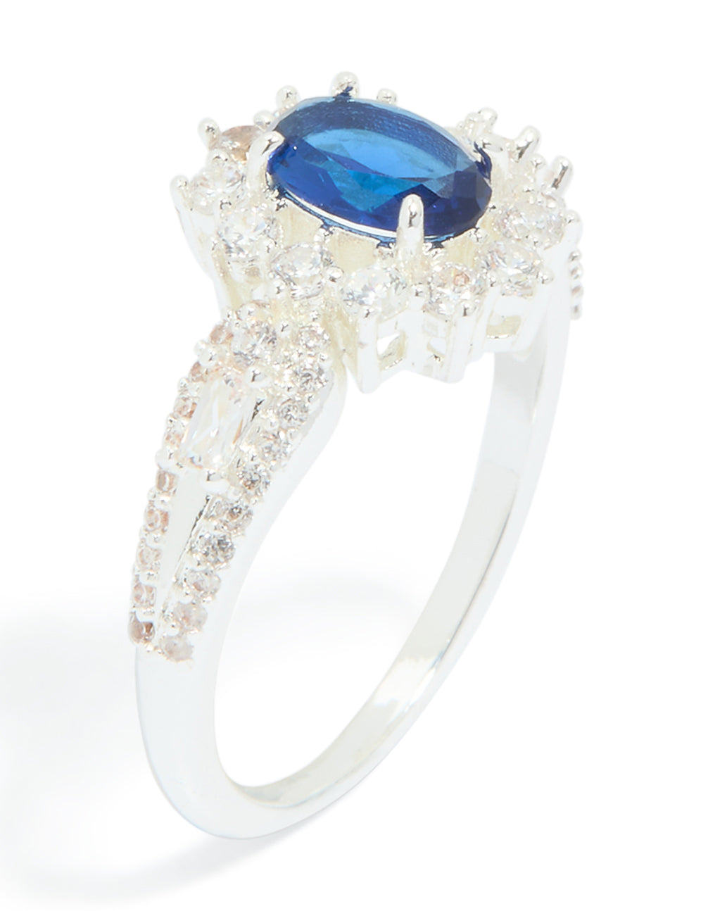 Silver Plated Blue Cubic Zirconia Centre Opulent Statement Ring
