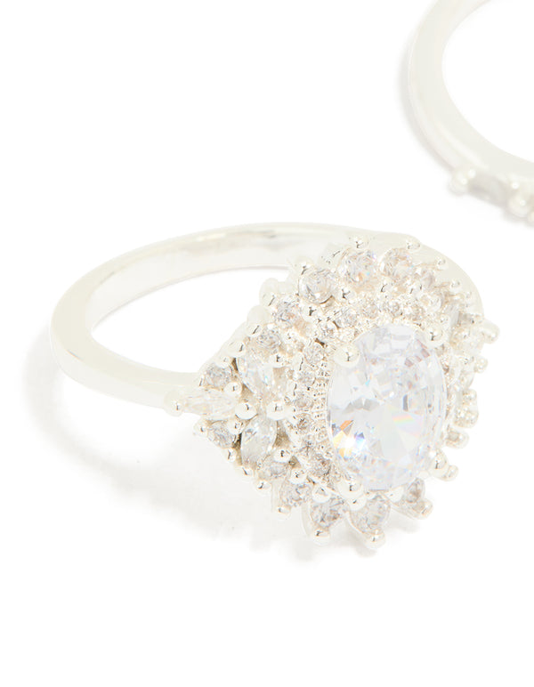 Silver Plated Cubic Zirconia Large Oval & Crown Rings 2-Pack