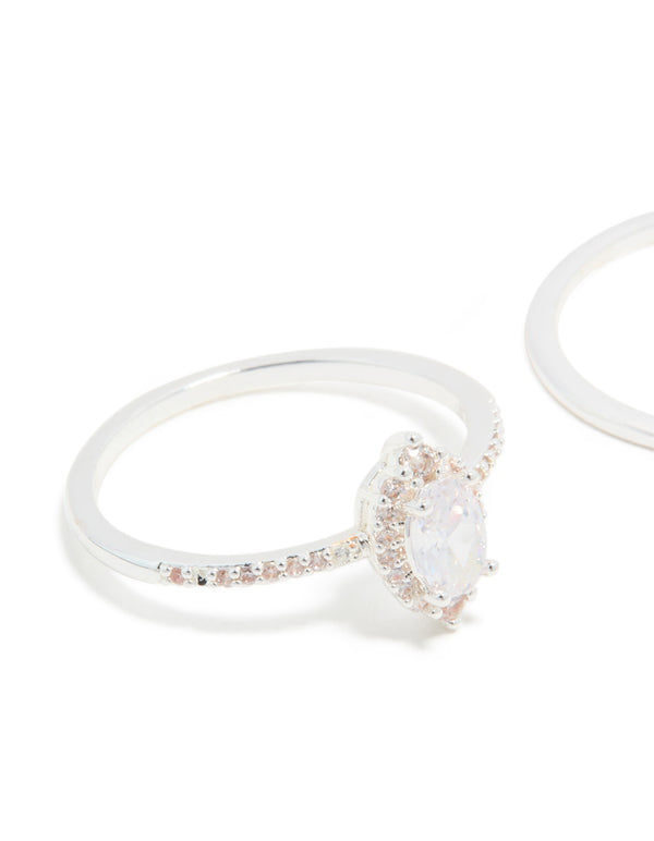 Silver Plated Cubic Zirconia Marquise & Crown Stacking Rings 2-Pack