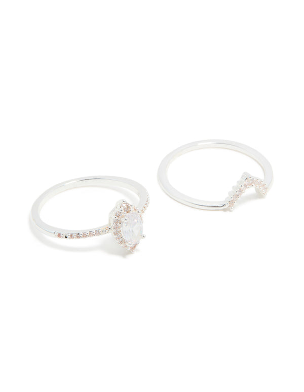 Silver Plated Cubic Zirconia Marquise & Crown Stacking Rings 2-Pack