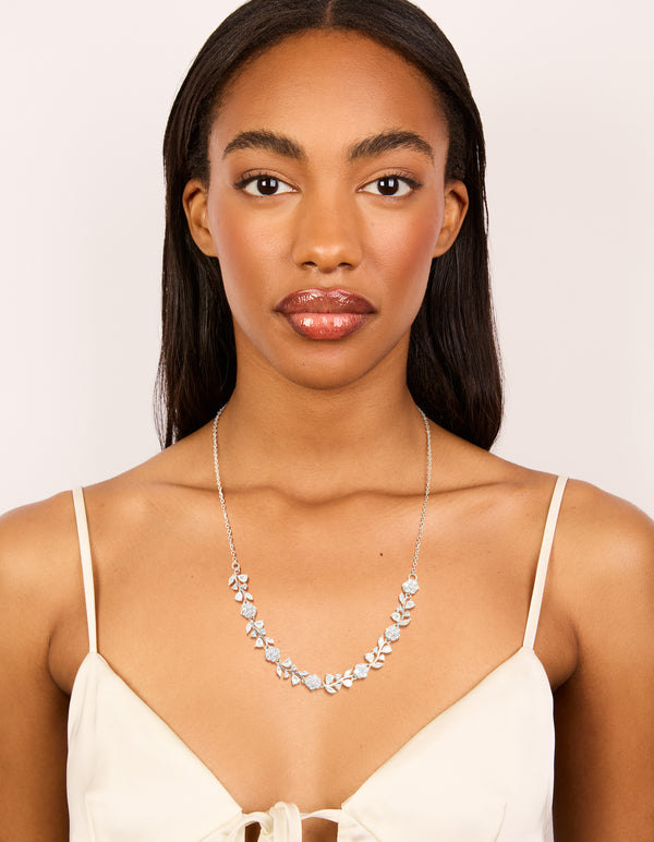 Silver Cubic Zirconia Flower & Vine Necklace