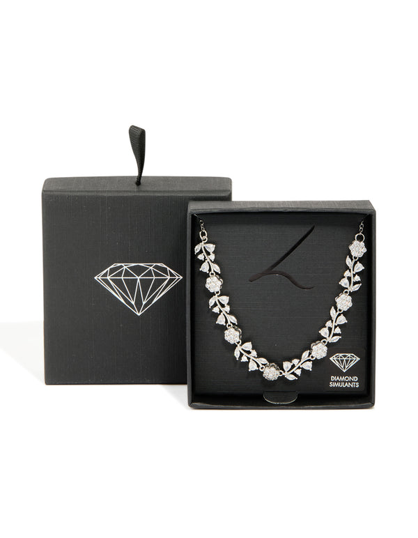 Silver Cubic Zirconia Flower & Vine Necklace